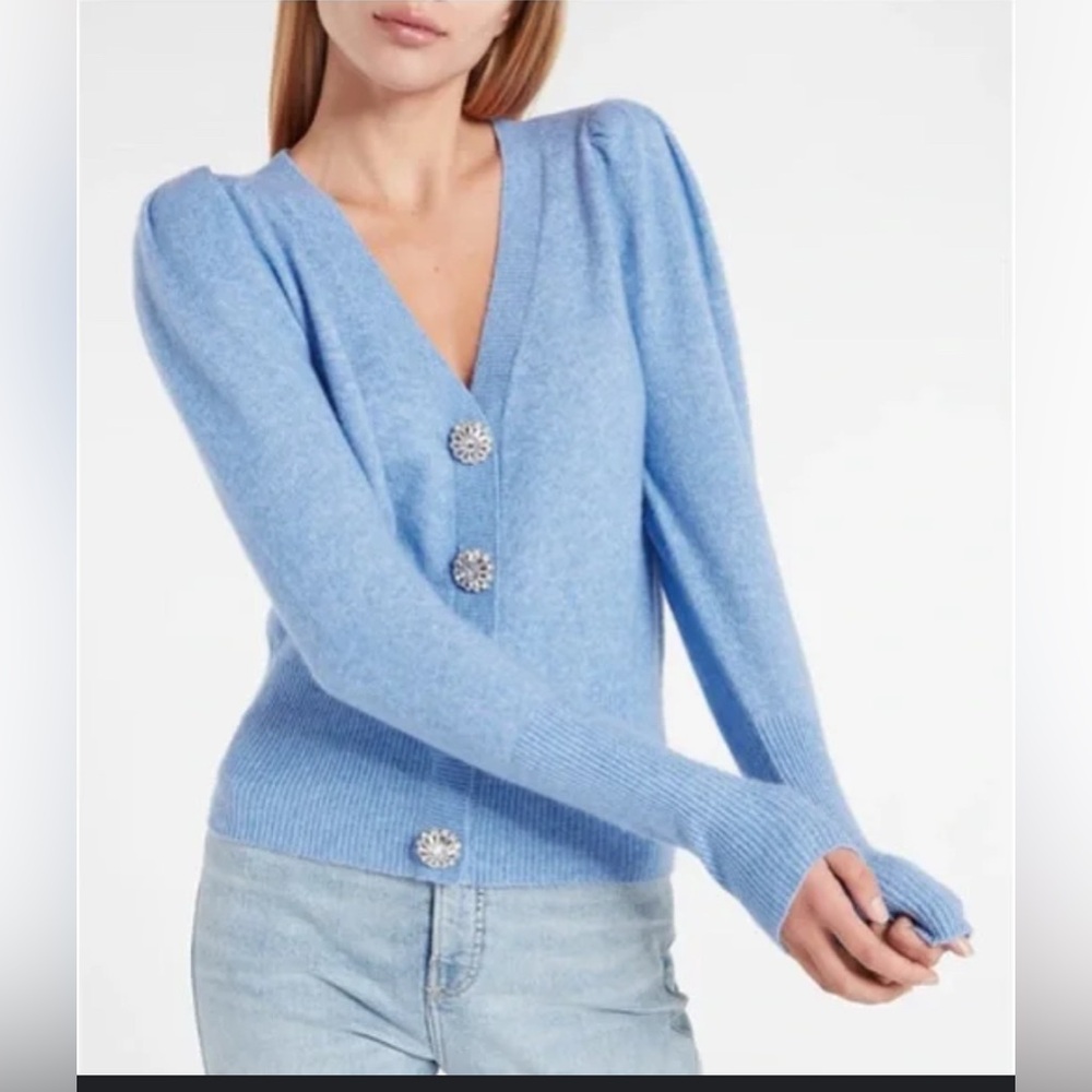 Express Jewel Embellished Faux Button Puff Sleeve Sweater Blue V-neck XS